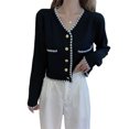 thumbnail image 1 of Camisa de mujer de punto con cuello en V, manga larga, botón superior, frente, camisa de niña, negro seitruly AP001515-02, 1 of 7