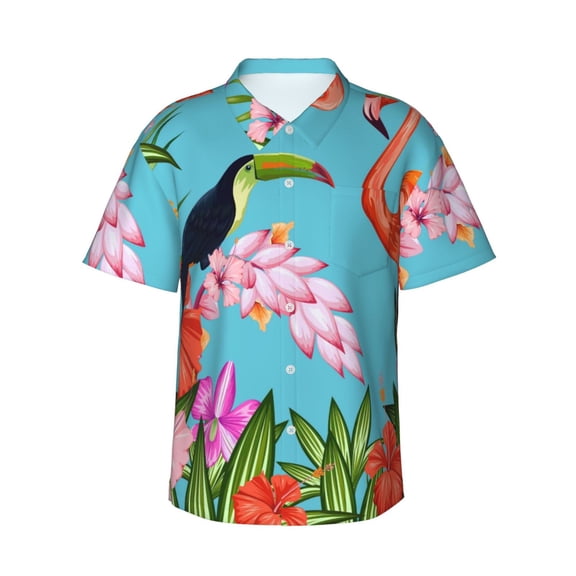 Kuqiui Tropical Jungle Flamingo Pattern Men's Casual Button-Down Shirts Hawaiian Shirt Short Sleeve-3X-Large