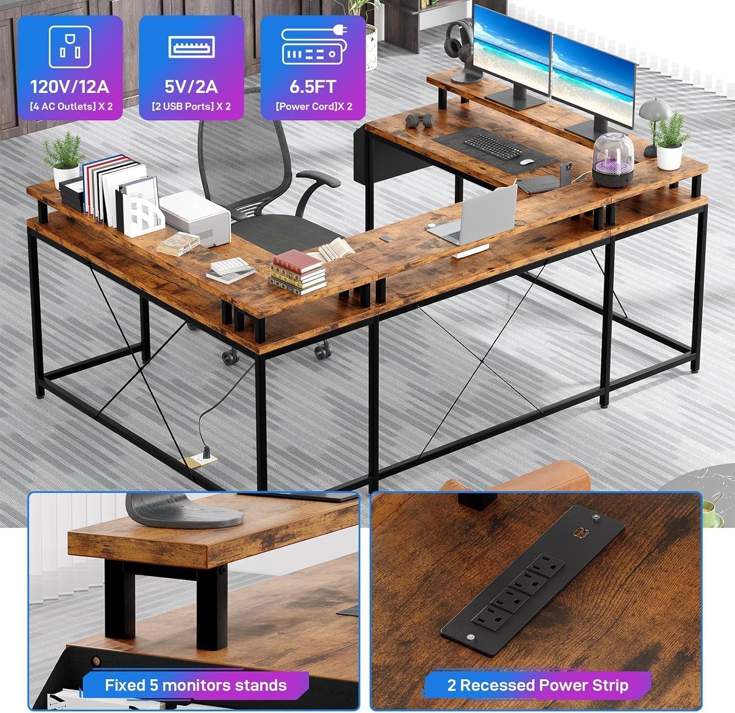 KOKEBREN 78.8" U Shaped Computer Desk, Reversible L Shaped Desk with Power Outlets, LED Lights, Monitor Stand & Storage Shelves, Corner Office Desk for Gaming - Brown