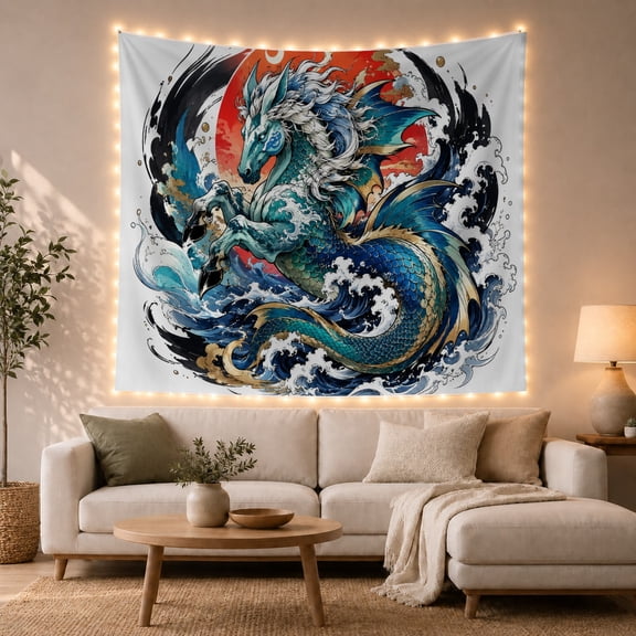 Mythical Hippocampus Creature with Head Horse Body, Serene Japanese Inspired for Japanese Art Lovers, Wall Decor, Graduation Gift, Tapestry Wall Hanging for Dorm and Living Room