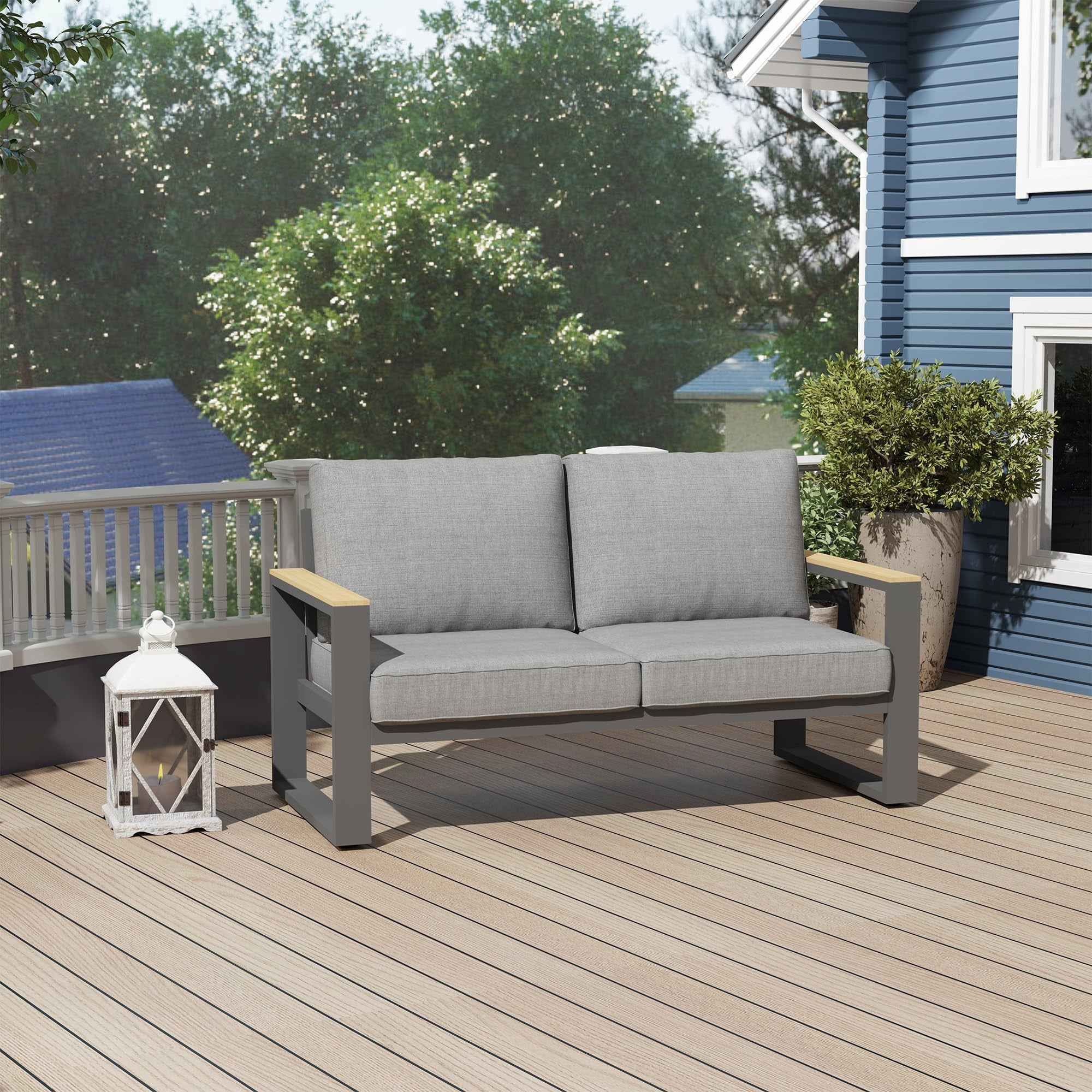 Heynemo Aluminum Outdoor Loveseat, All-Weather Metal Patio Furniture Sofa, Patio Sofa Chair for Porch Backyard Garden, Grey