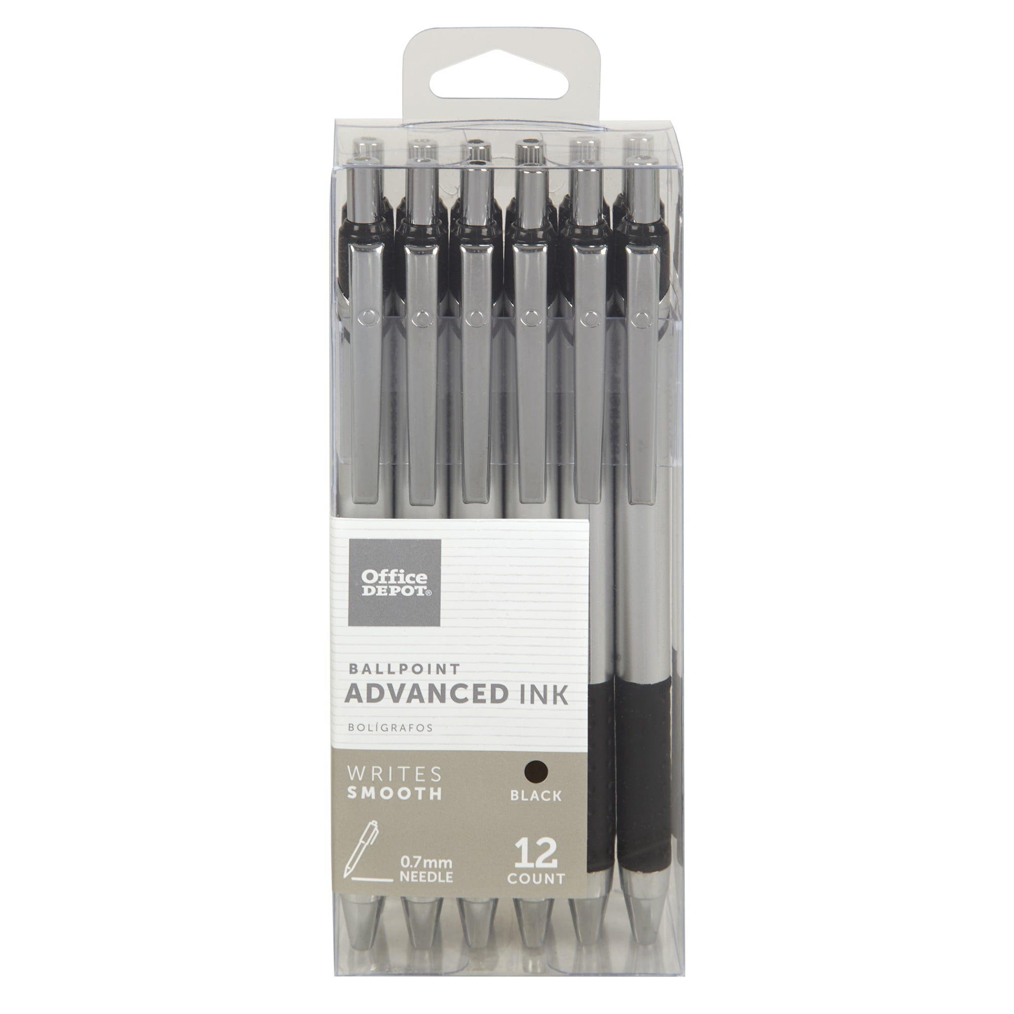 Office Depot Advanced Ink Retractable Ballpoint Pens, Needle Point, 0.7 mm, Silver Barrel, Black Ink, Pack Of 12