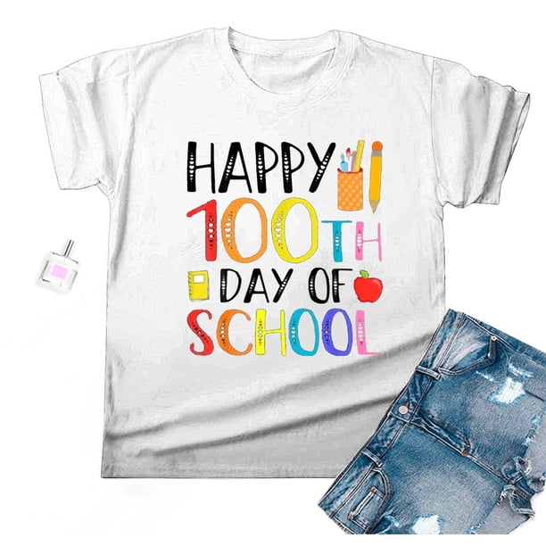 Fiudx Liquidación de Ahorros de Verano Camiseta Escolar para Mujer, Camiseta de Profesora de 100 Días, Camiseta Feliz de 100 Días, Impresión de Letras, Enseñanza, Manga Corta