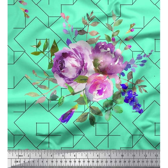 Soimoi Cotton Duck Fabric Watercolor Flower Geometric Printed Fabric 1 Yard 42 Inch Wide