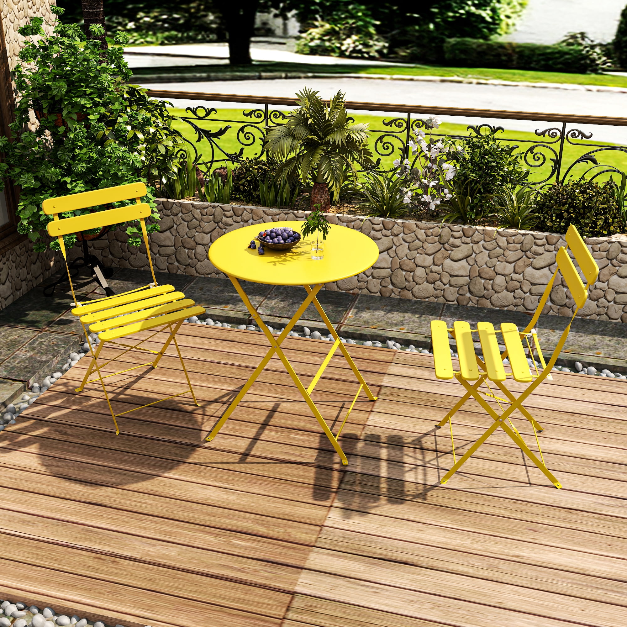 3‑Piece Yellow Folding Bistro Table and 2‑Chair Set, Indoor & Outdoor Patio Furniture with Cushions, Heavy‑Duty Rust‑Resistant Frame for Balcony Yard Garden
