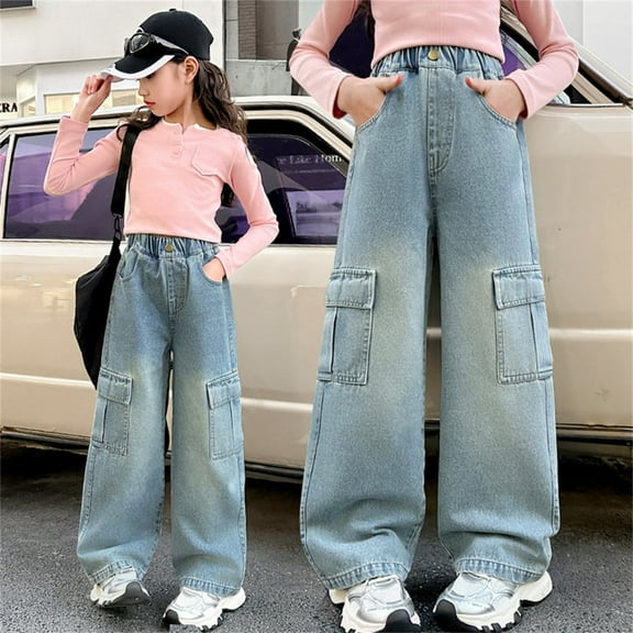 Girls' Jeans Elastic High Waist Wide Leg High Waist Denim Pants for Teens Justice Girls Clothing 12-13 Years Girls Fashion