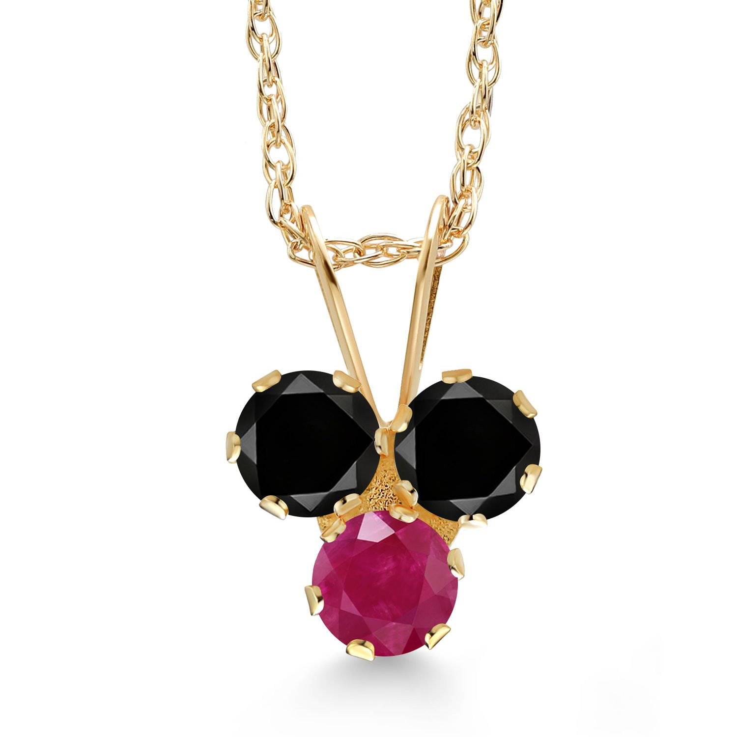Gem Stone King 14K Yellow Gold Black Diamond and Red Ruby 3-Stone Pendant Necklace for Women (0.36 Cttw, Gemstone April Birthstone, Round 3MM, 18 inch Chain)
