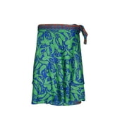 Mogul Womens Magic Wrap Skirt Blue Paisley Print Silk Reversible Wrap-Around Mini Skirts
