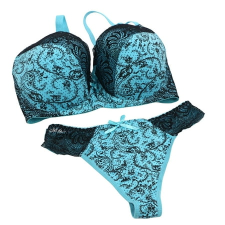 HCNTES Sexy Floral Lace Lingerie Set with Suspender Belt and Underwire Push Up Bra for a Glamorous Appeal S Blue