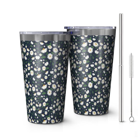 16oz Tumblers Navy Daisy Flower Floral Pattern Stainless Steel Vacuum Insulated Double Wall Travel Tumbler Cups Mug with Lid and Straw,Cleaning Brush for Coffee,Tea