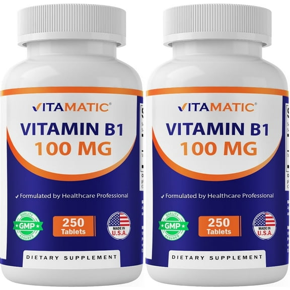 Vitamatic Vitamin B1 (As Thiamine Mononitrate) 100 mg - 250 Vegetarian Tablets - 2 Pack