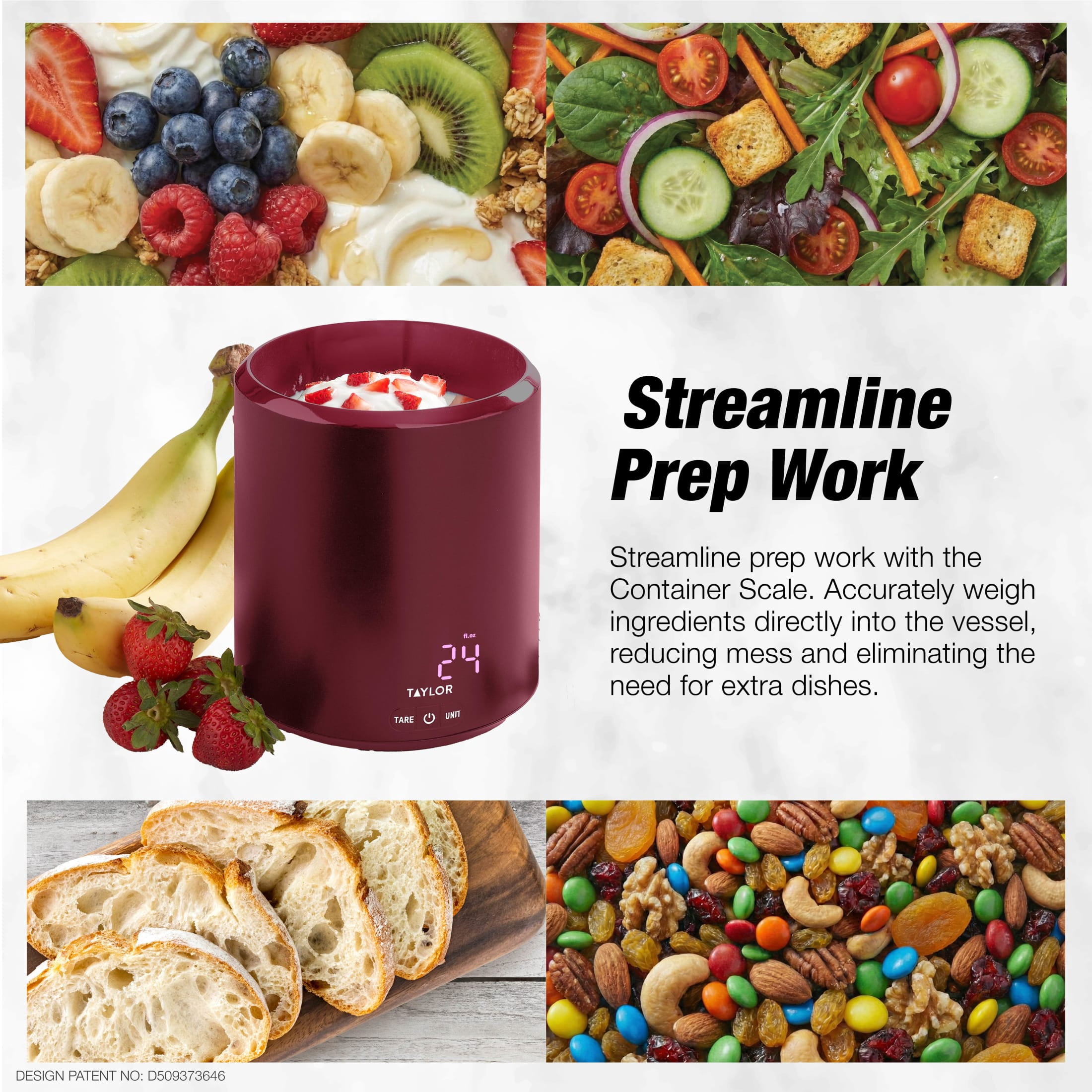 Taylor 4.4 lb USB-C Rechargeable Container Scale with Lid, Digital Food Scale for Recipes, Ruby