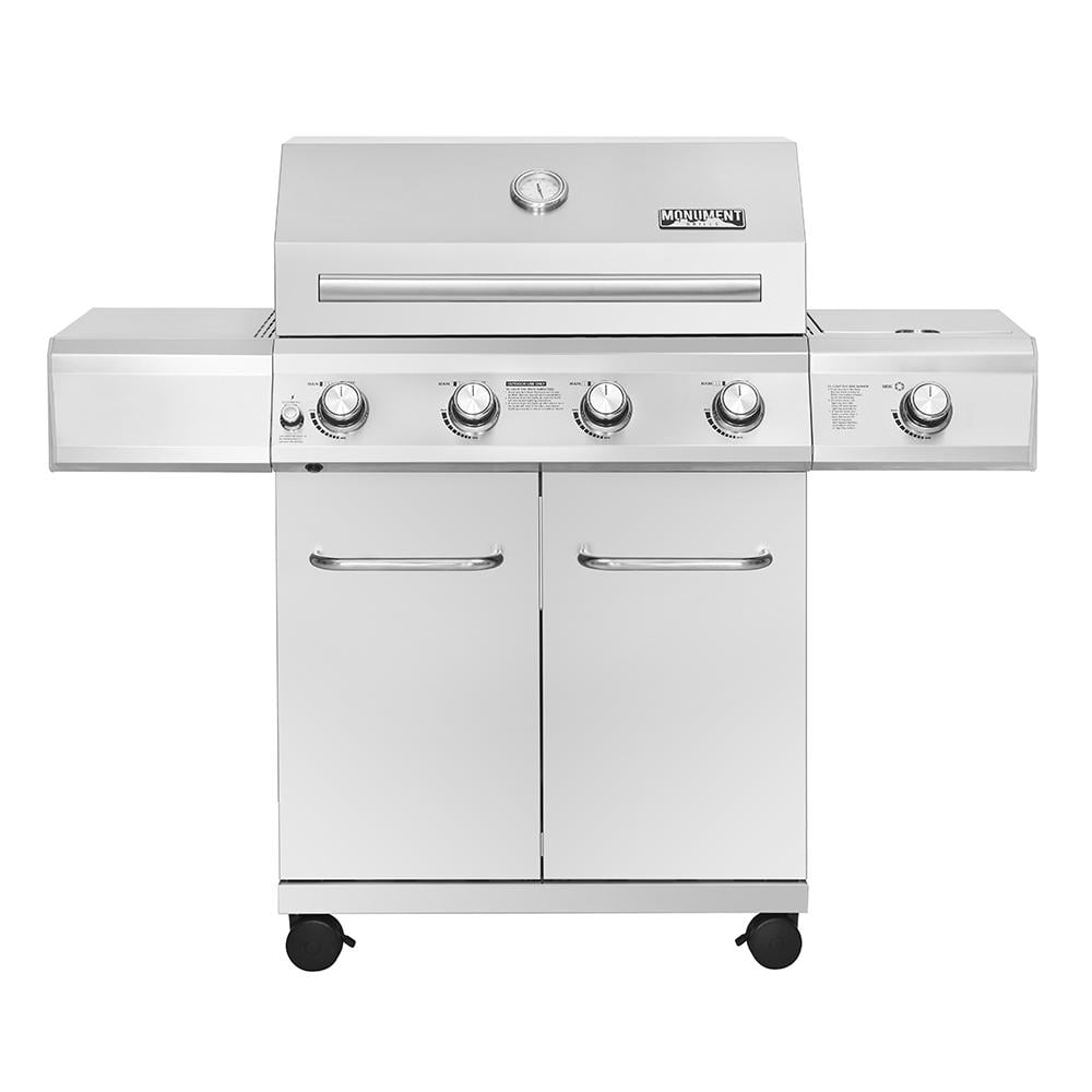 Monument Grills 25392 4Burner Propane Gas Grill in Stainless with LED Controls & Side Burner