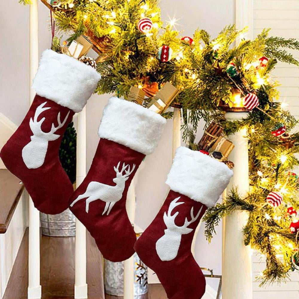 Christmas Stockings Deer Snowflake Christmas Tree Designs Christmas Stockings Red and White Felt Xmas Stocking Fireplace Hanging Gift Bags for Family Holiday Xmas Party Mantle Decorations