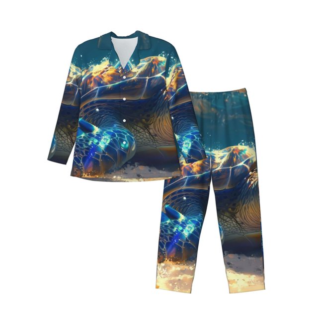 Balery Sunshine Underwater Sand Turtle Pijama para Hombre de Dos Piezas con Manga Larga, Conjunto de Dormir y Descanso Suave con Bolsillos-Large