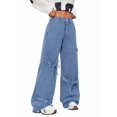 thumbnail image 2 of Women'S Ribbon Tie Detail Utility Style Jeans Casual Straight Wide Leg Denim Trousers Light Blue L, 2 of 9