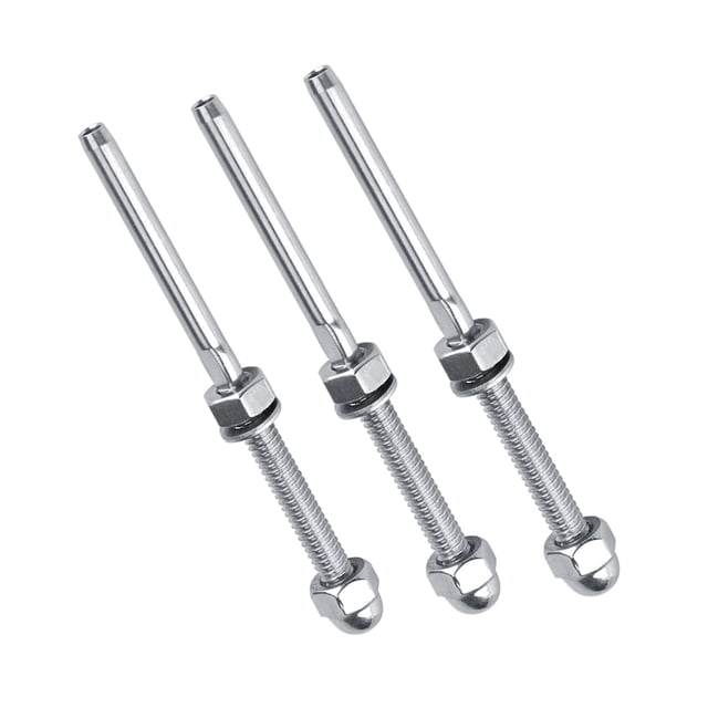 tensor de cable, 10 piezas, extremos roscados de acero inoxidable para juego de tensores para cable de 1/8" — vista frontal inclinada de tres tensores plateados alineados; cuerpo cilíndrico pulido, perno roscado de 47 mm, tuerca hexagonal, arandela y tuerca ciega; diseñado para tensión y sujeción en postes de madera, acabado pulido para uso interior y exterior; también suele usarse para anclar cables decorativos en barandales.