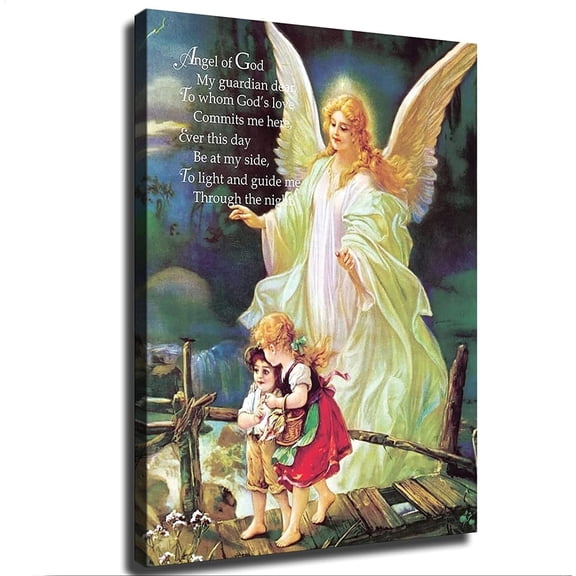 Guardian Angel Of God Poem - Children On Bridge Poster Wall Art Canvas Print Picture Home Bedroom Decor Gift Unframed 12x18inch(30x45cm)