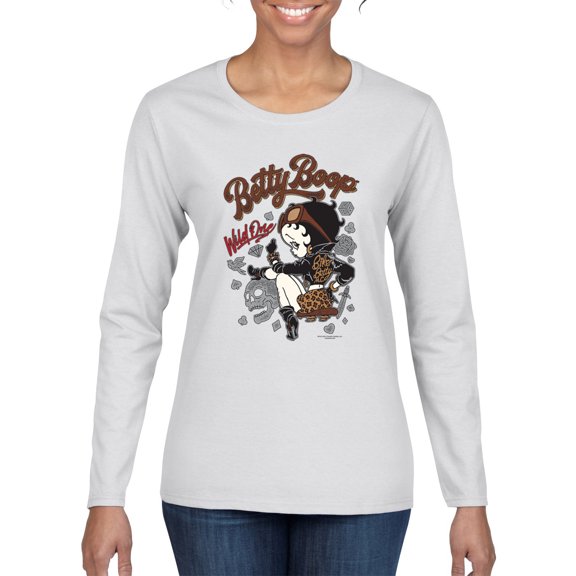 Wild Bobby, Biker Betty Boop Wild One MC Motorcycle Betty Boop Womens Long Sleeve T-Shirt, White, Medium