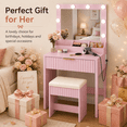 thumbnail image 2 of Zimtown Vanity Desk Set with Mirror, Makeup Vanity Table with 8 LED Lights and Charging Station, Dressing Desk for Bedroom, Pink, 2 of 12