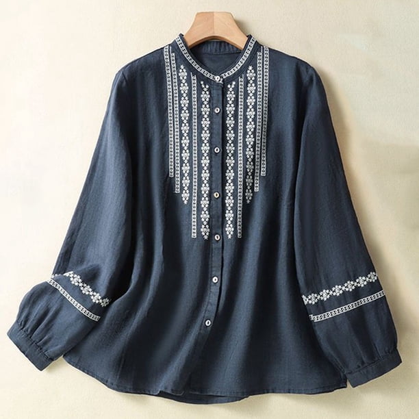 MHFRRA Camisa de Manga Larga Holgada y Cómoda para Mujer, Estilo Étnico Retro, con Bordados, Estilo Primaveral Marina de Guerra