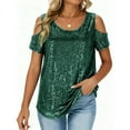 thumbnail image 2 of Busydd Womens T Shirts Trendy Short Sleeve off the Shoulder Sequin Tops for Women Casual Loose Comfy Solid Color Round Neck Womens Tops S, 2 of 8