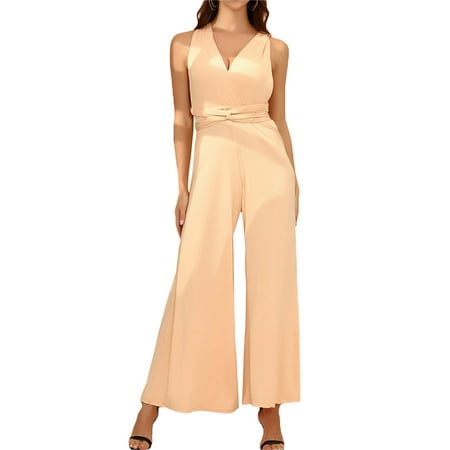 Sprifallbaby Women s Summer Long Casual Jumpsuit Solid Color Sleeveless V Neck Backless Bandage Bodysuit