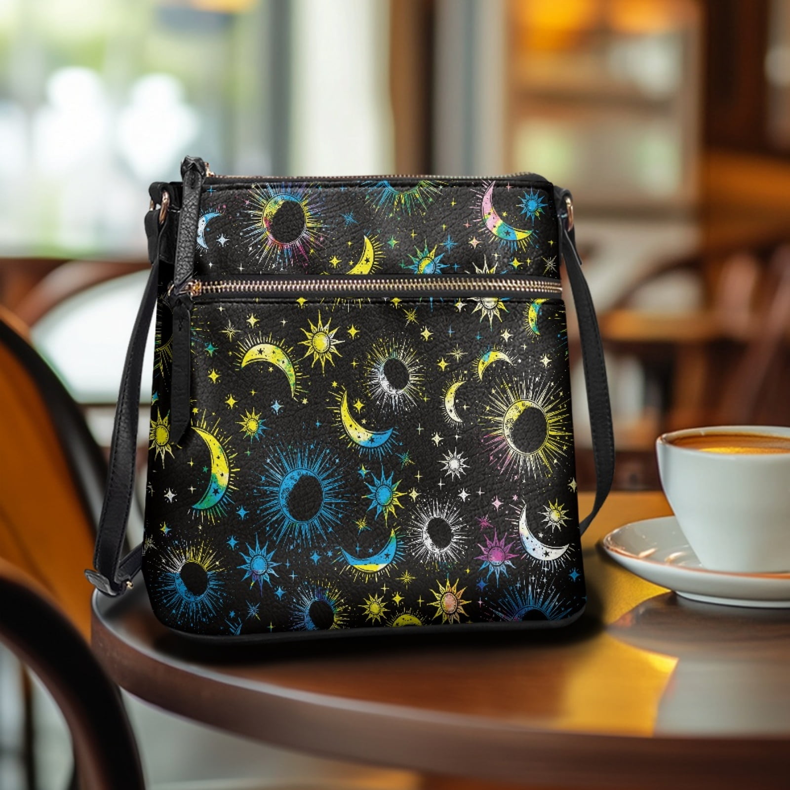 LedBack Sun Moon Crossbody Bags for Women Satchel Purse Hobo Bag with Adjustable Strap, Leather Shoulder Handbag Multi Pocket Messenger Bag for Travel Work, Black