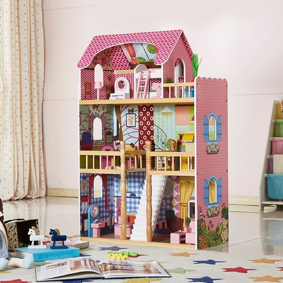 Wooden Dollhouse Dollhouse Playset Dollhouse For Kids Doll Cottage Doll Cottage 3 Story Wooden Dollhouse With 14 Accessories Balcony Stairs For Boys Girls Above 3 Years Old