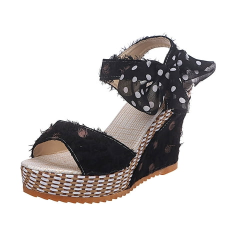 

Womens Polka Dot Print Wedge Platform Sandals Sweet Cute Bowknot High Heels Summer Open Toe Ankle Strap Lolita Shoes