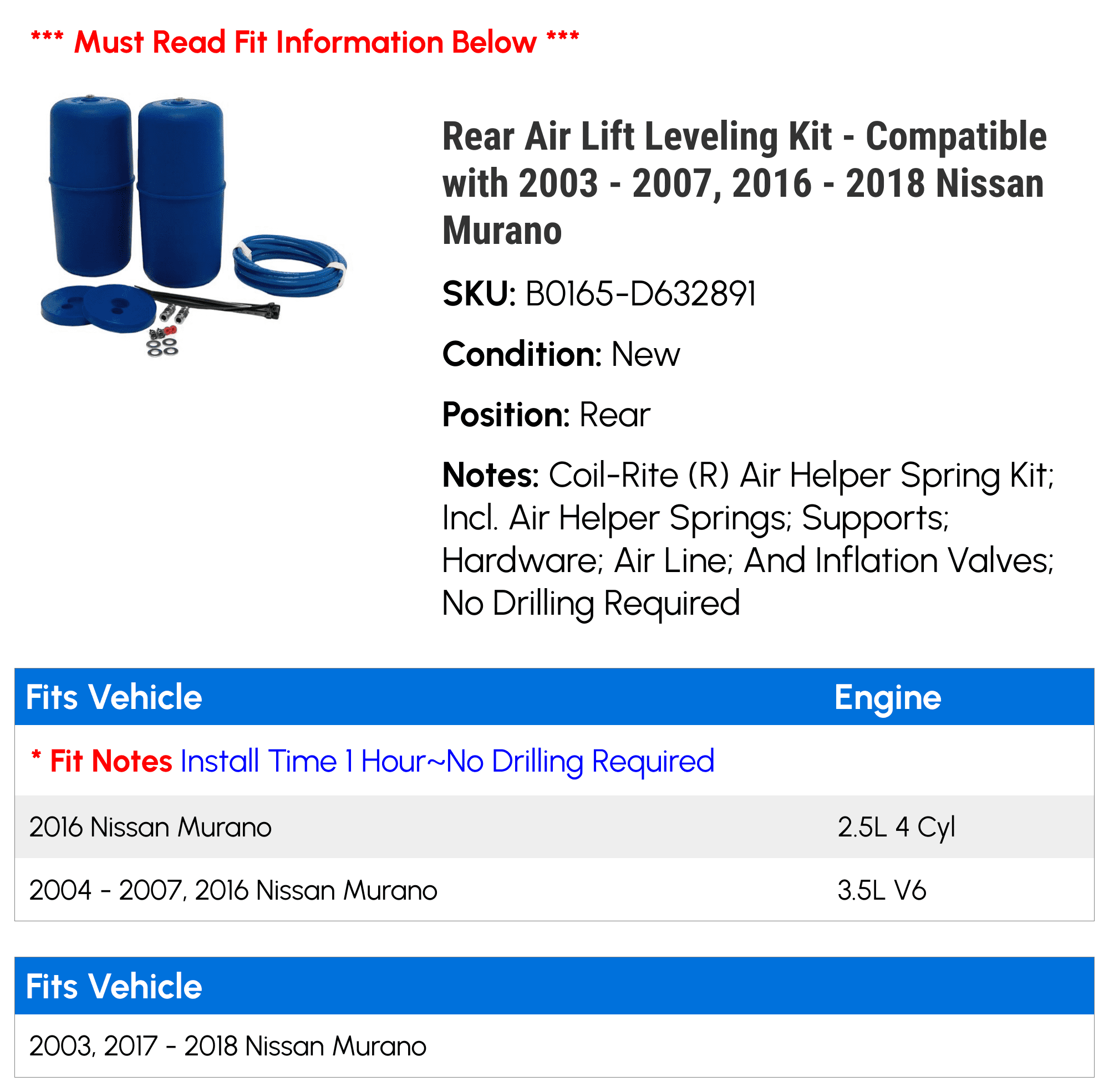 Rear Air Lift Leveling Kit - Compatible with 2003 - 2007, 2016 - 2018 Nissan Murano 2004 2005 2006 2017