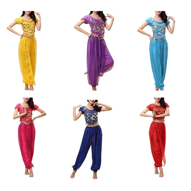 Smilepp Indian Belly Dance Pants Dancing Lace-up Back Top Costume Set Sexy  Sleeve Ladies Fashionable Girls Performance Lake Blue Free Size 