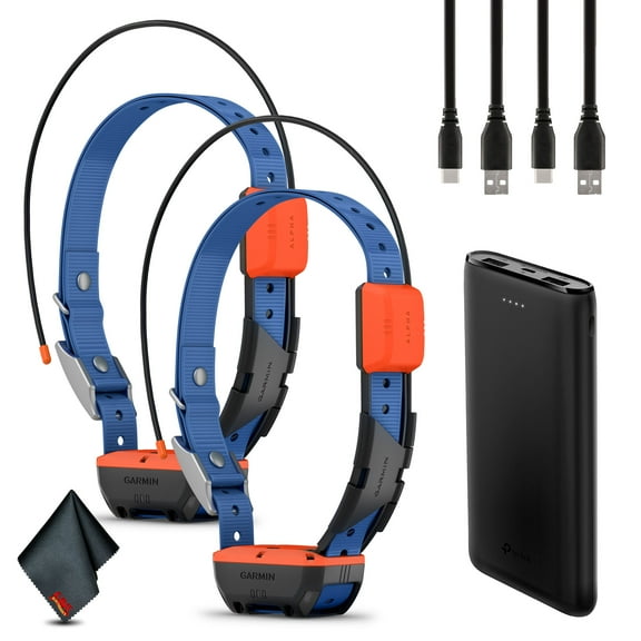 Garmin Alpha T 20 GPS Dog Tracking Collar, Location Tracker Collar with Multicolor Led Beacon Lights and Universal Size Bundle with Portable Charger (2 Collars Bundle)