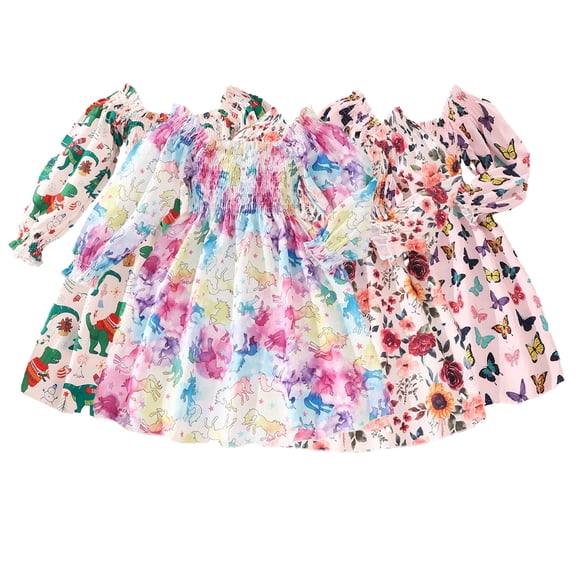 KYAIGUO Toddler Kids Girls Flare Sleeve Dresses Spring Floral Princess Dress Fall Square Neck Onesies Prints Skirt for 3-7 Years Old