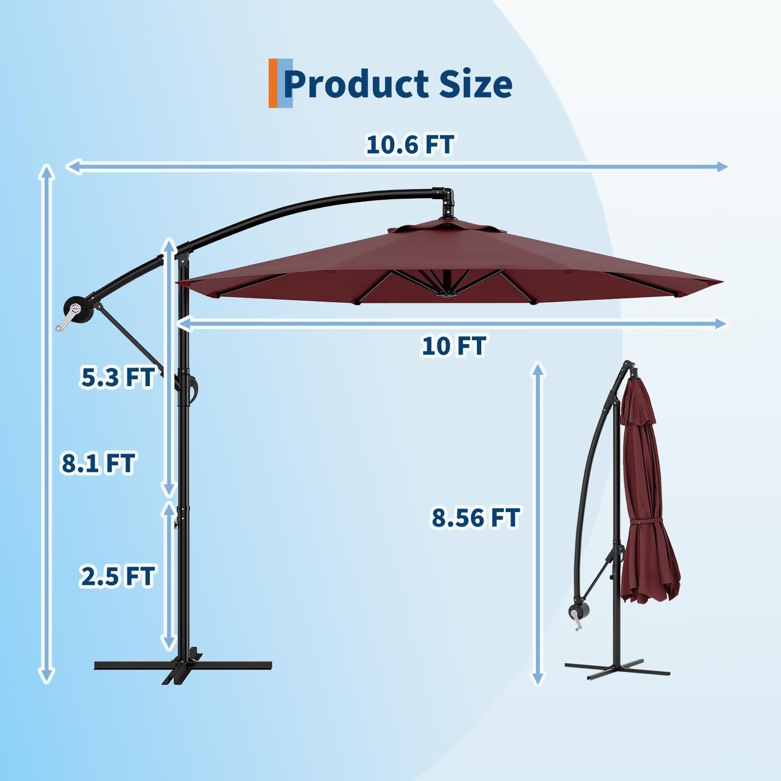 HELLONE 10FT Cantilever Umbrella outdoor patio, Offset Patio Umbrella with Easy Lift & Tilt Adjustment, UV Protection Fade Resistant for Deck, Pool, Garden, Burgundy