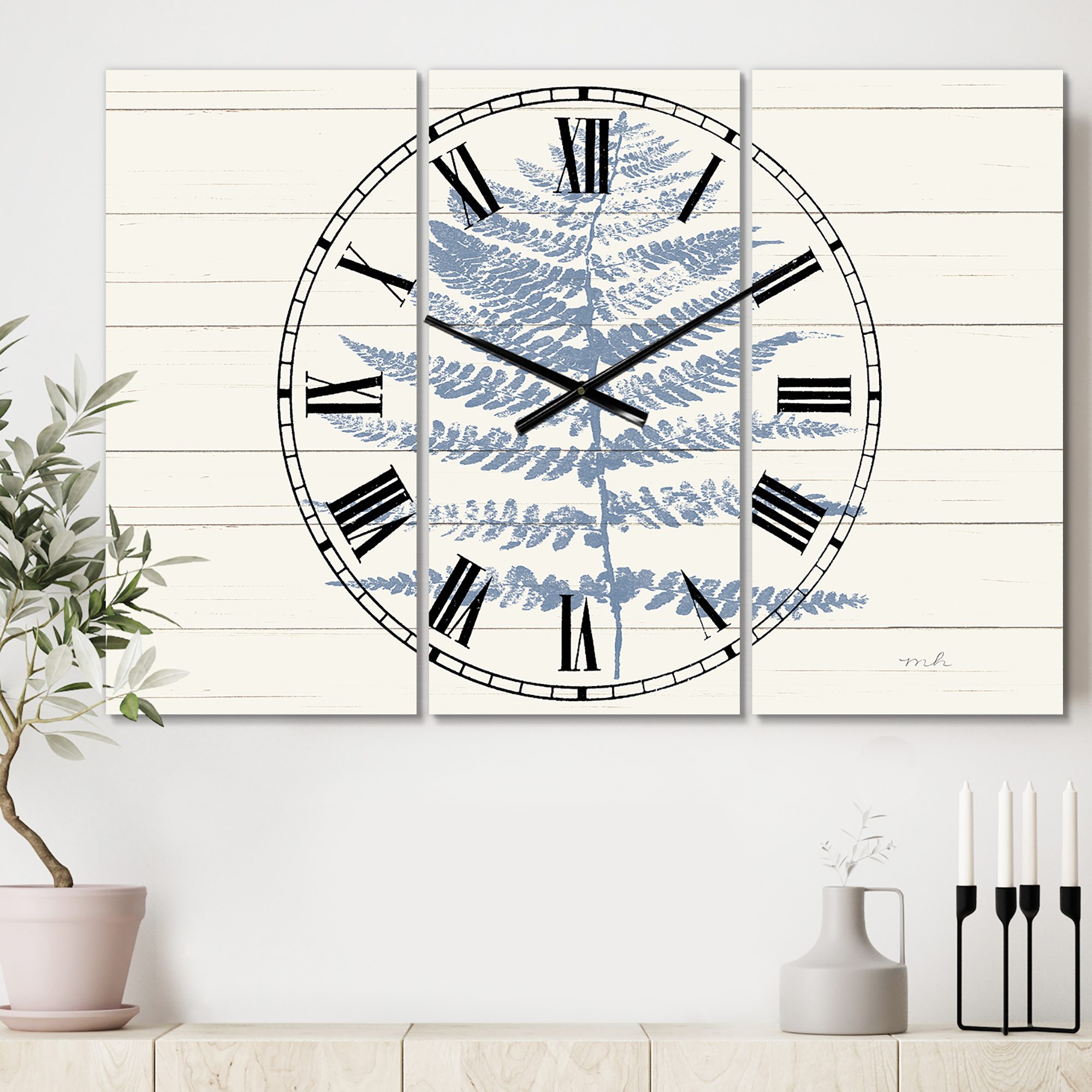 Designart 'Blue Fern Print on wood II' Traditional Wall Clock