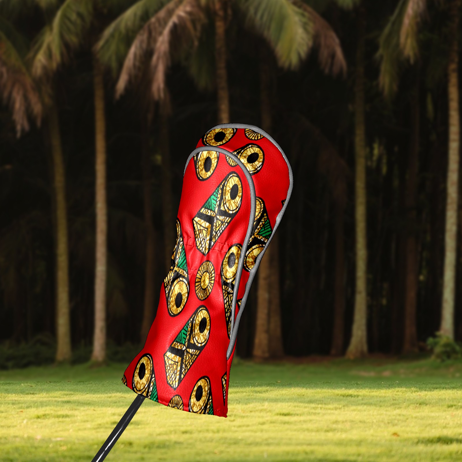 Golf Club Covers, Red GeometricOrnament Premium PU Leather Driver Hybrid Putter Head Covers with Velvet Lining, Waterproof Golf Gifts for Men Women