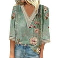 thumbnail image 2 of NSLGXD Plus Size Shirts for Women 2025 Lace V Neck T-Shirts Loose Fit 3/4 Sleeve Shirt Vintage Floral Print Tee Tops Casual Comfy Blouse Cute Summer Tops for Women, 2 of 5