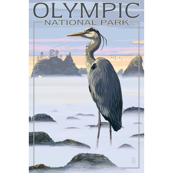 Art.com Olympic National Park - Heron and Fog Shorline Art Print by Lantern Press, 12" x 18"