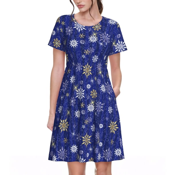 Balery Golden Snowflakes Royal Blue Vestidos sueltos de manga corta para mujer, vestidos de verano 2025, vestidos casuales de corte A con vuelo.