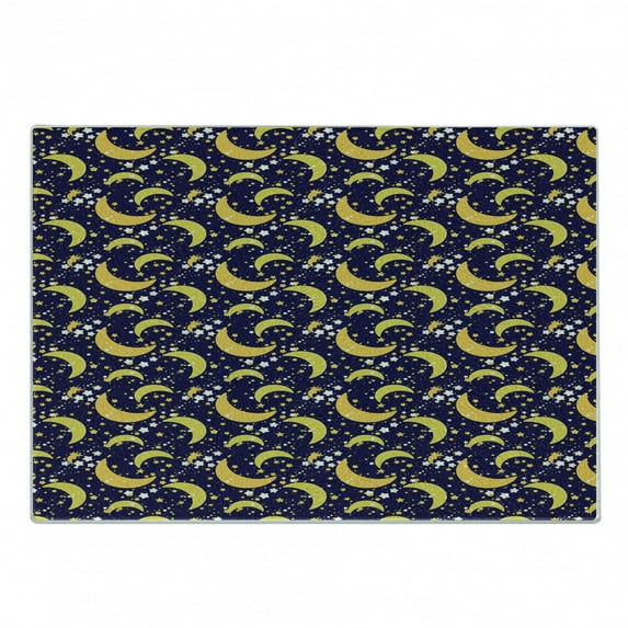 Universe Cutting Board, Repetitive Stars and Crescent Cosmic Space Elements Motif, Decorative Tempered Glass Cutting and Serving Board, in 3 Sizes, by Ambesonne