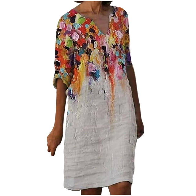 Vestidos de manga 3/4 para mujer Vestido de tirantes con estampado de flores a la moda Vestido con cuello en V hasta la rodilla Pompotops hdfakjf6180