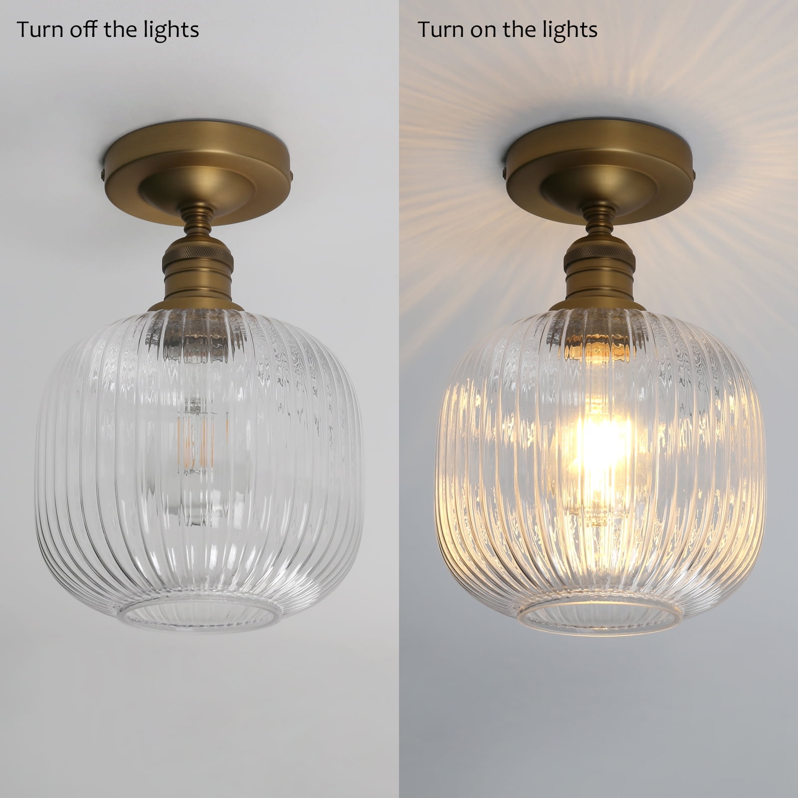 Pathson Industrial Semi Flush Mount Ceiling Light, Ribbed Clear Glass Lampshade Close to Ceiling Light for Living Room Dinning Room Kitchen Porch