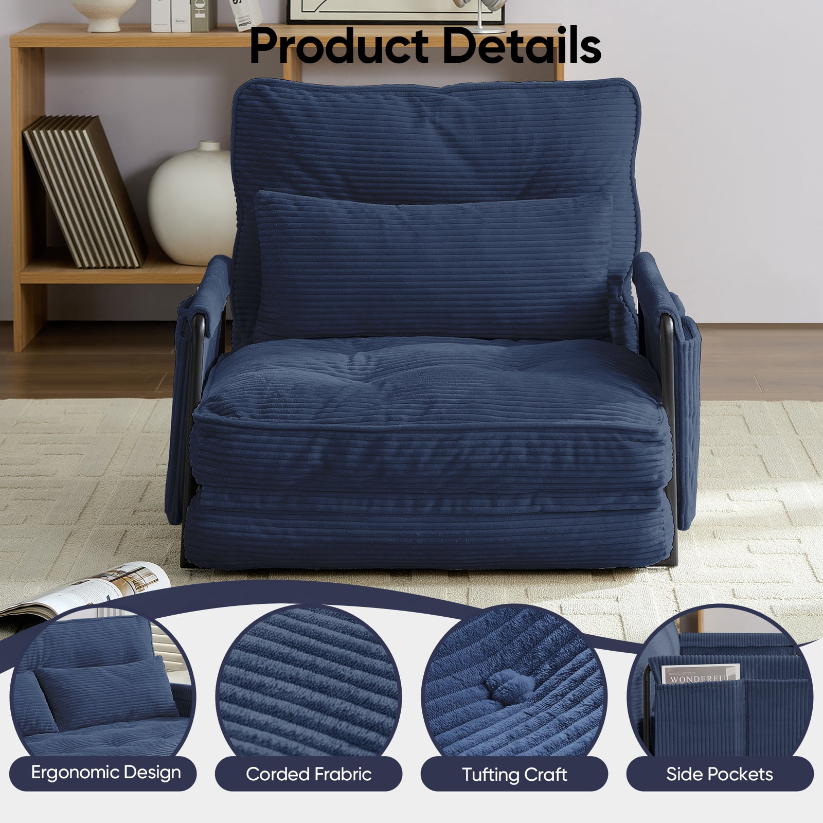 BALUS Futon Folding Sofa Bed, 4-in-1 Floor Couch with Foldable Mattress, Convertible sofa beds for Living Room, Corduroy, Dark Blue