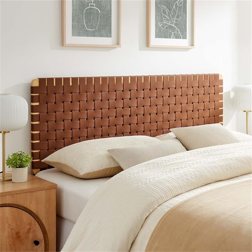 Maklaine Weave Vegan Leather Queen Headboard in Natural Brown