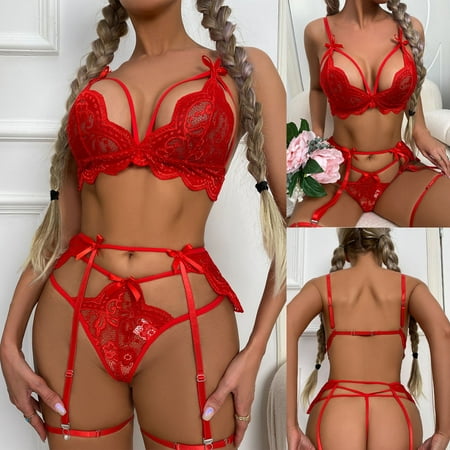 

RPVATI Women s Sexy Lingerie Strappy Lace Bodysuit 3 Piece Bra and Panty Sets with Garter Red M