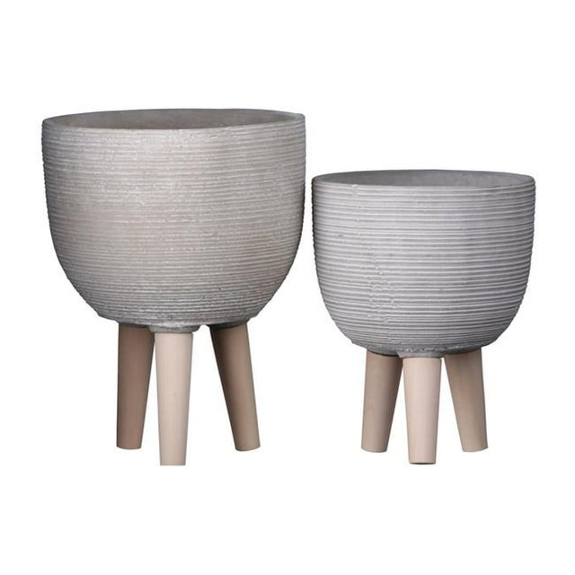 Benjara BM208775 Pot de Ciment Rond avec Corps de Design Peigné&44; Gris & Brun - Lot de 2