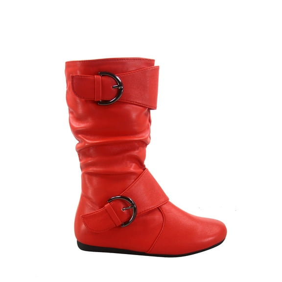 Klein-80k Girls Kid's Causal Round Toe Flat Heel Buckles Zipper Slouchy Mid Calf Boots Shoes