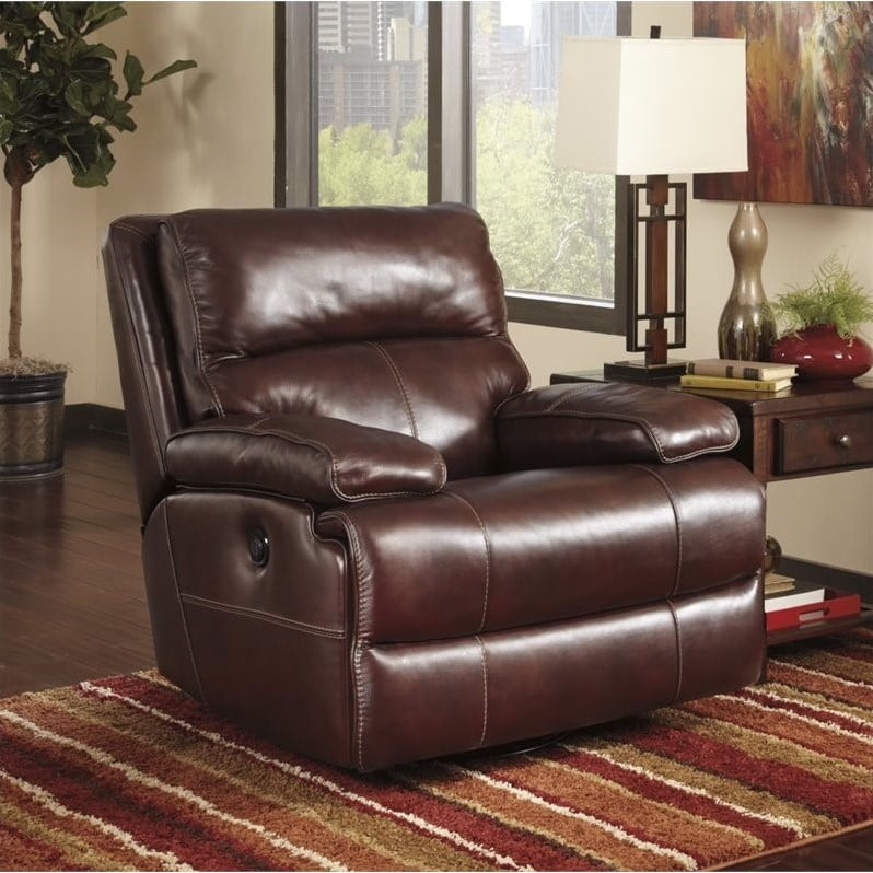 Ashley Lensar Leather Swivel Power Rocker Recliner in Burgundy - Walmart.com - Walmart.com