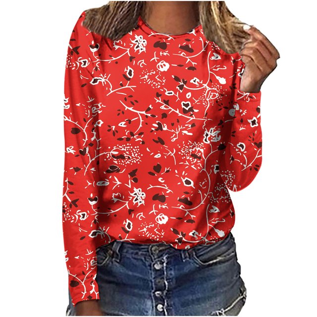 HKEJIAOI T-Shirts à Manches Longues en Polyester pour Femmes Col Rond Imprimé Graphique Blouses Habillées Décontractées Manches Longues